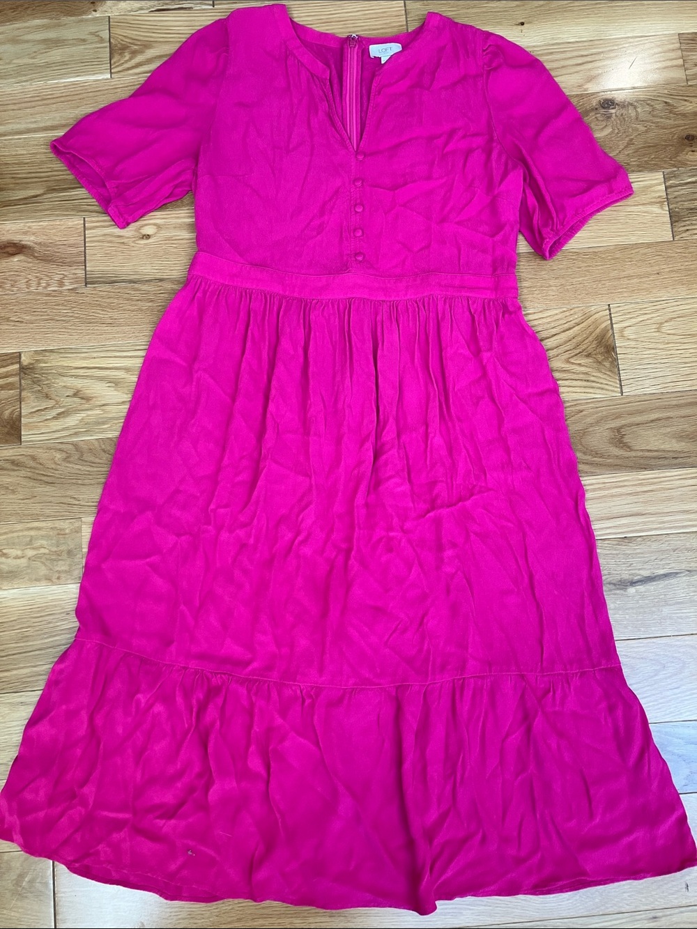 LOFT Hot Pink Short-Sleeve Tiered Casual Dress